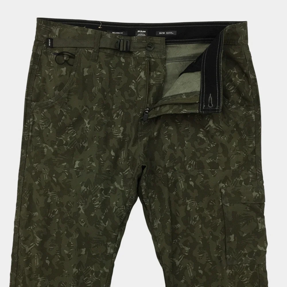 Prana Men Zion II Relaxed Fit Cargo Pants Green Camo Nylon Stretch 34x30 Hiking